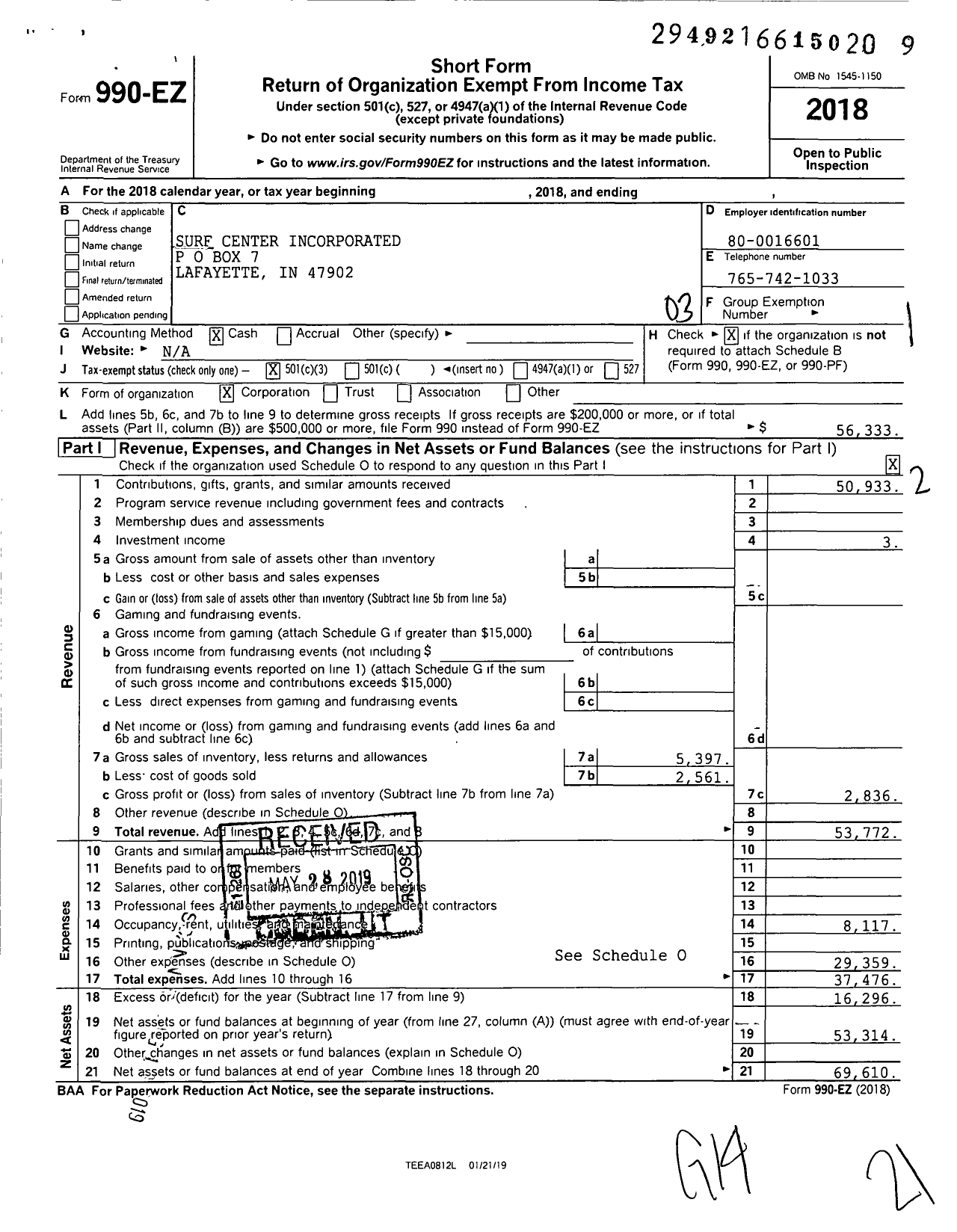 Image of first page of 2018 Form 990EZ for Surf Center Incorporated