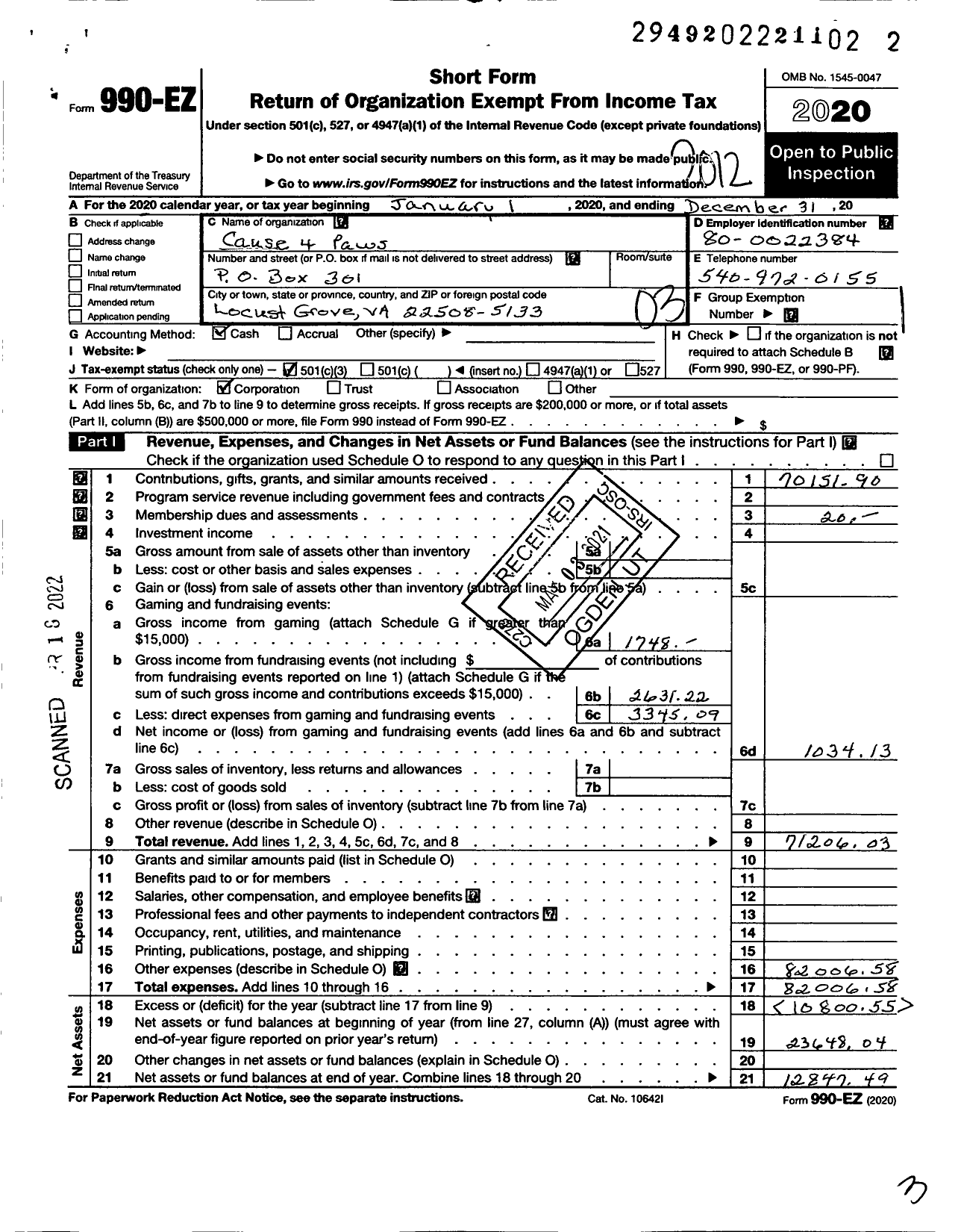 Image of first page of 2020 Form 990EZ for Cause 4 Paws