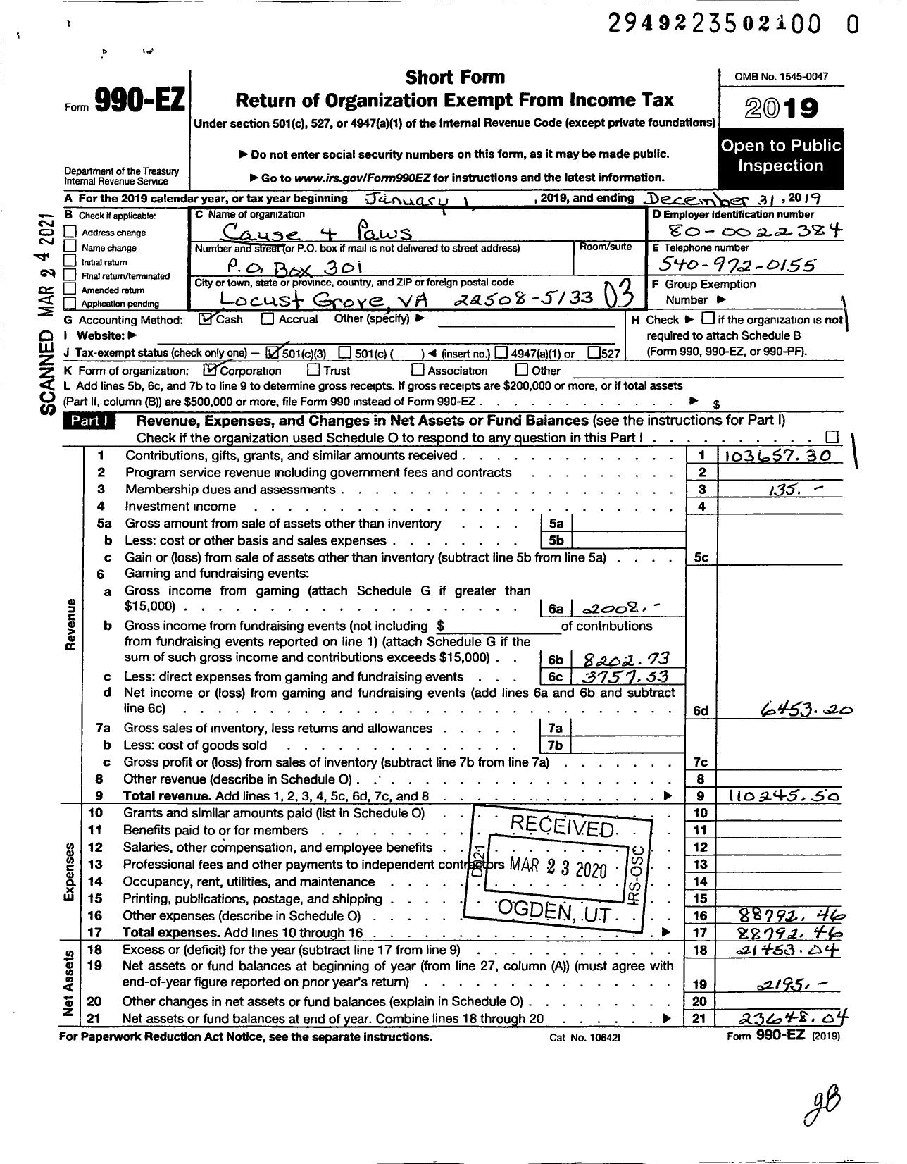 Image of first page of 2019 Form 990EZ for Cause 4 Paws