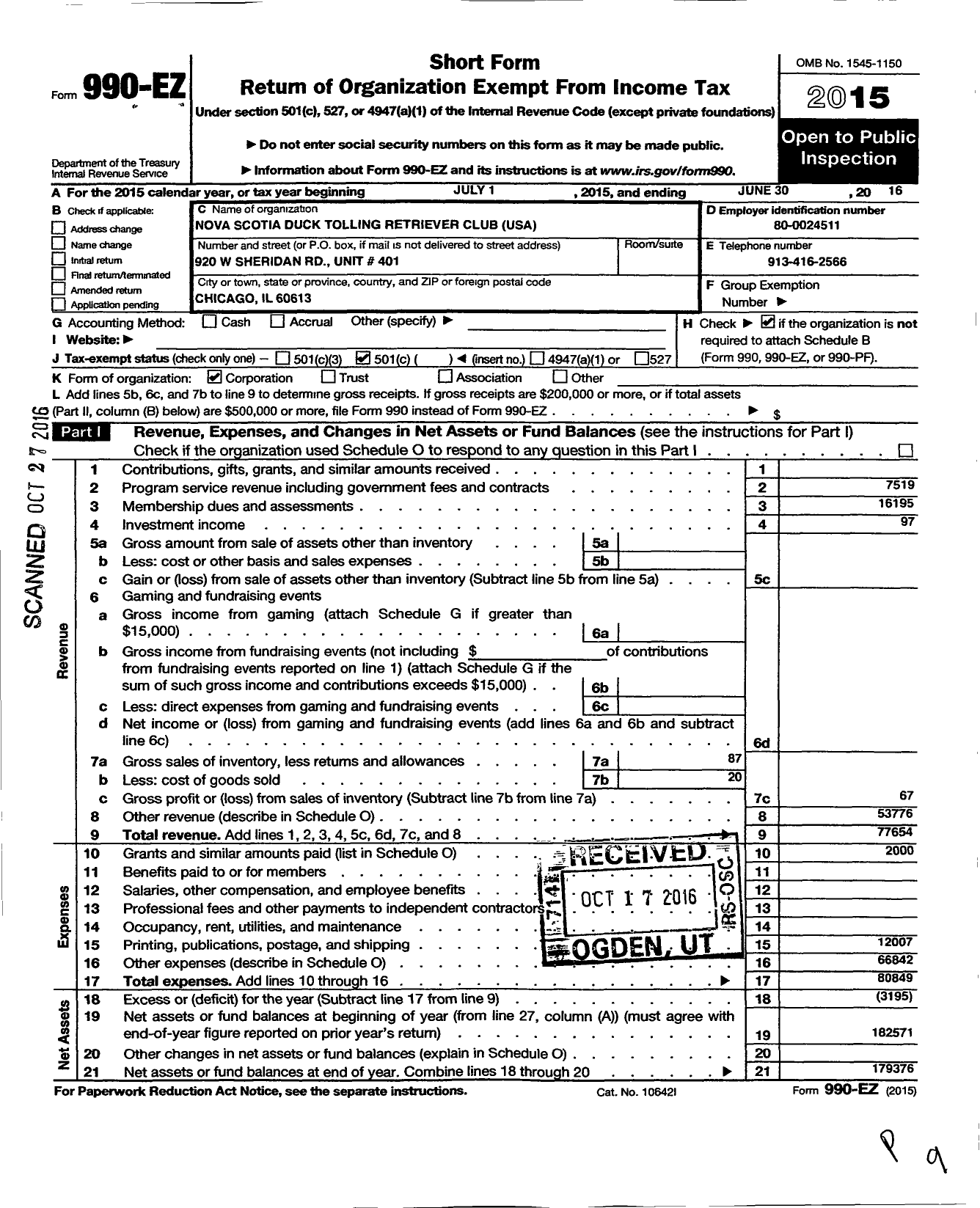 Image of first page of 2015 Form 990EO for Nova Scotia Duck Tolling Retriever Club USA (NSDTRC)