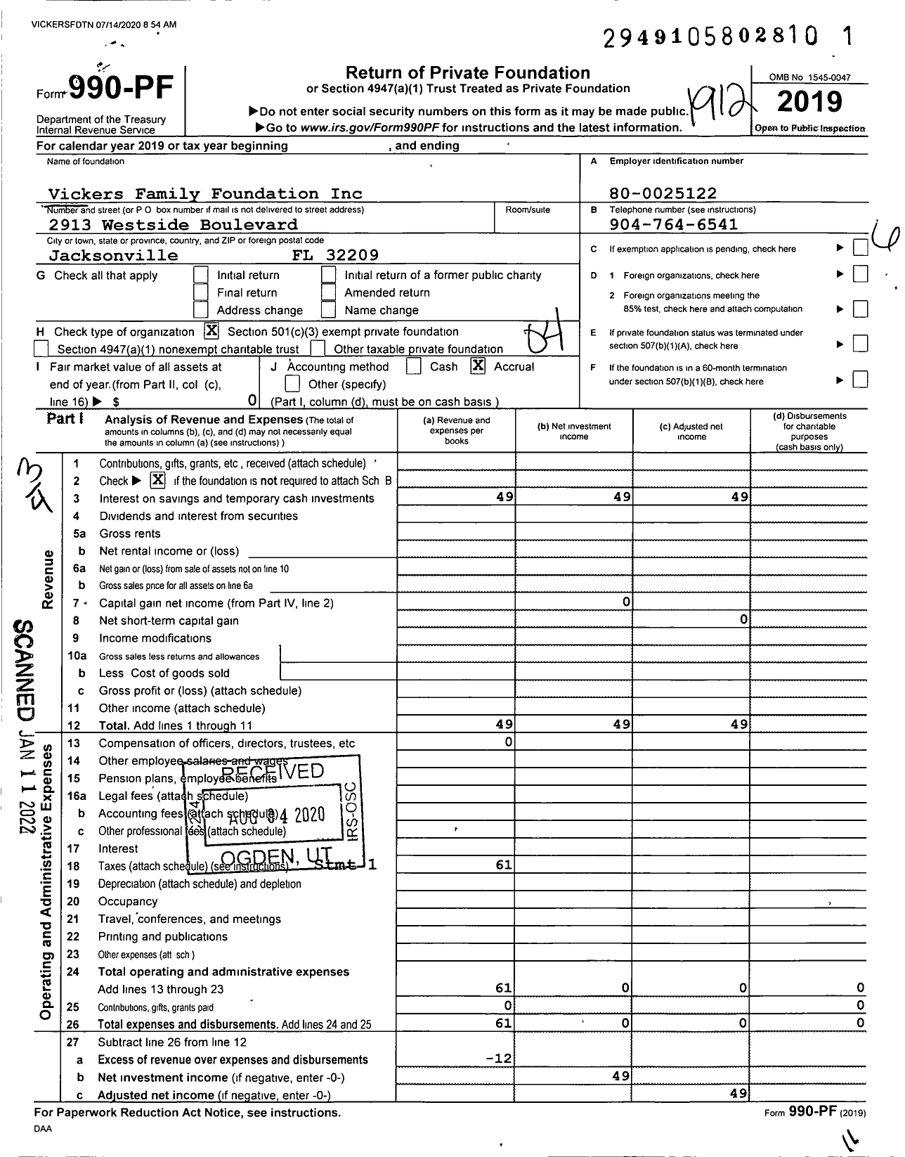 Image of first page of 2019 Form 990PF for Vickers Family Foundation