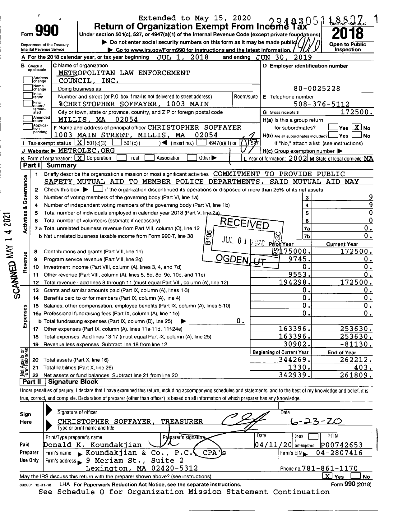 Image of first page of 2018 Form 990 for Metropolitan Law Enforcement Council