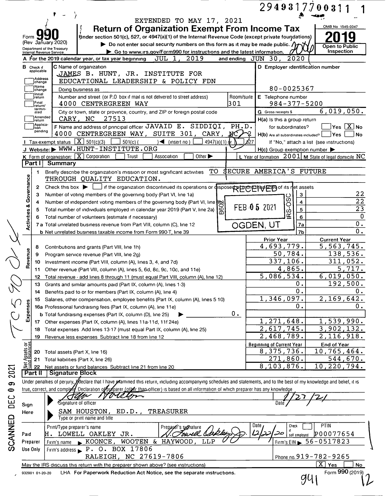 Image of first page of 2019 Form 990 for James B Hunt JR Institute for Educational Leadership and Policy Foundation