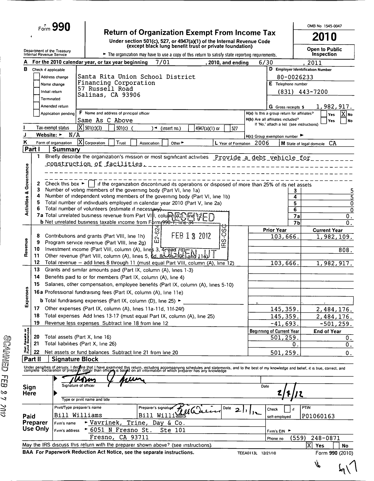 Image of first page of 2010 Form 990 for Santa Rita Union School District Financing Corporation