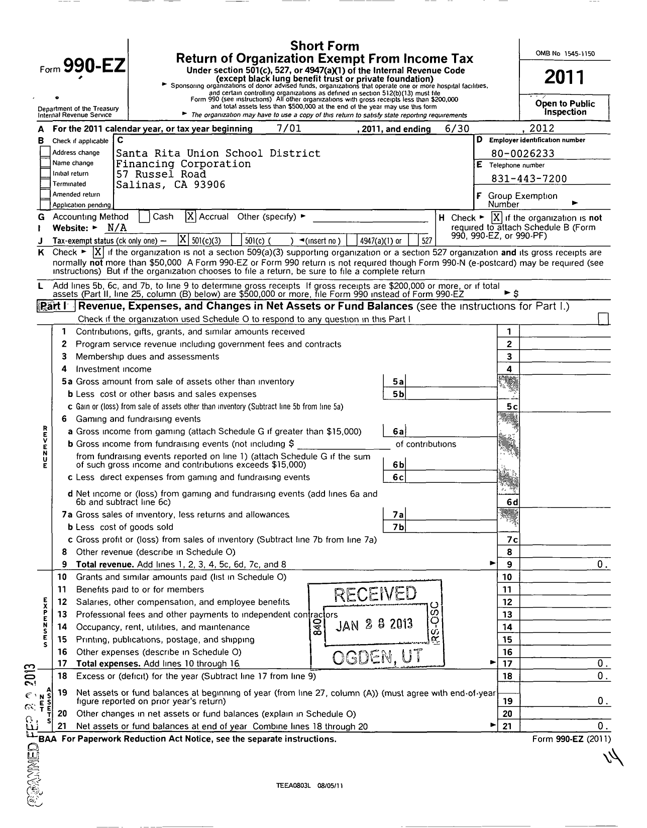 Image of first page of 2011 Form 990EZ for Santa Rita Union School District Financing Corporation