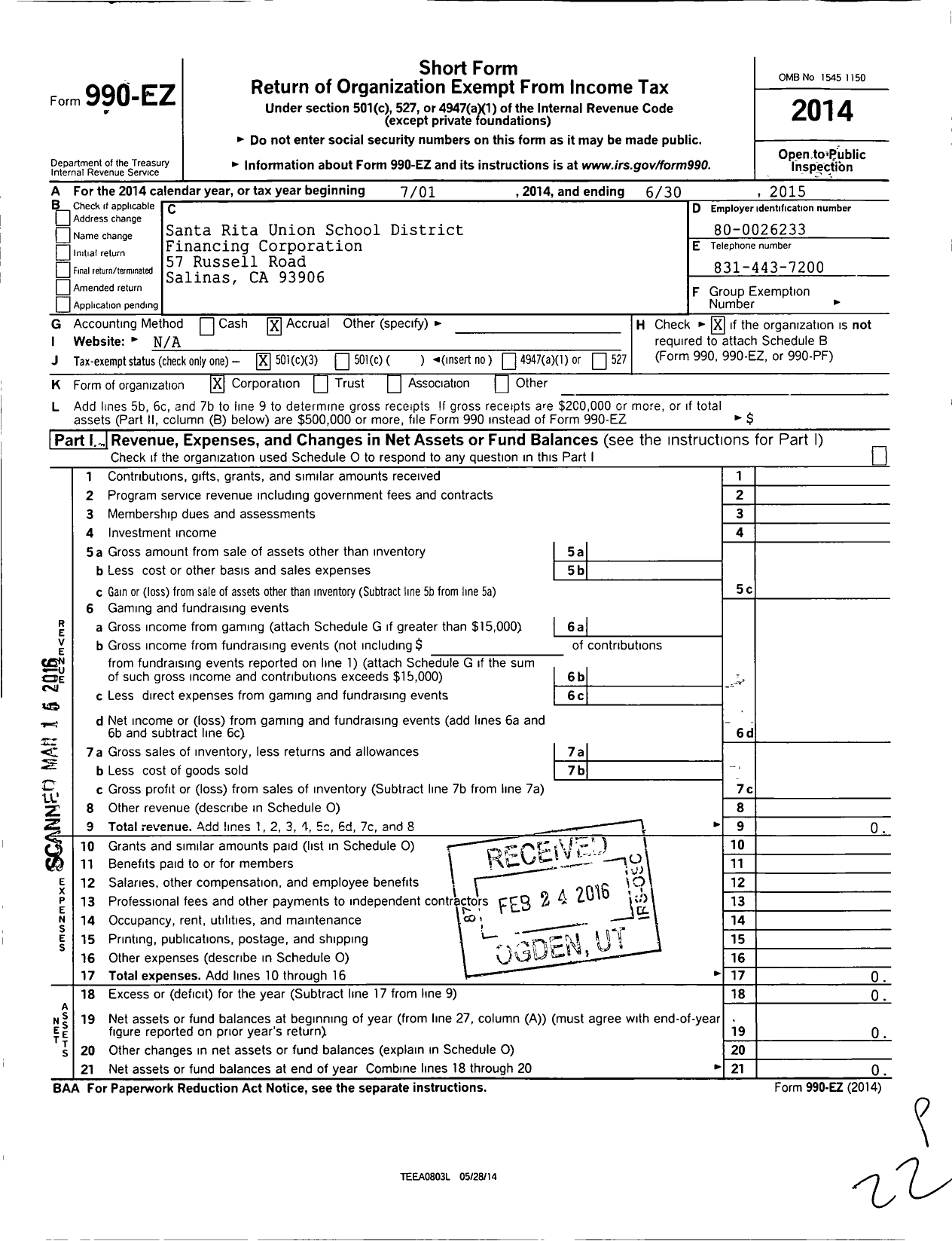 Image of first page of 2014 Form 990EZ for Santa Rita Union School District Financing Corporation