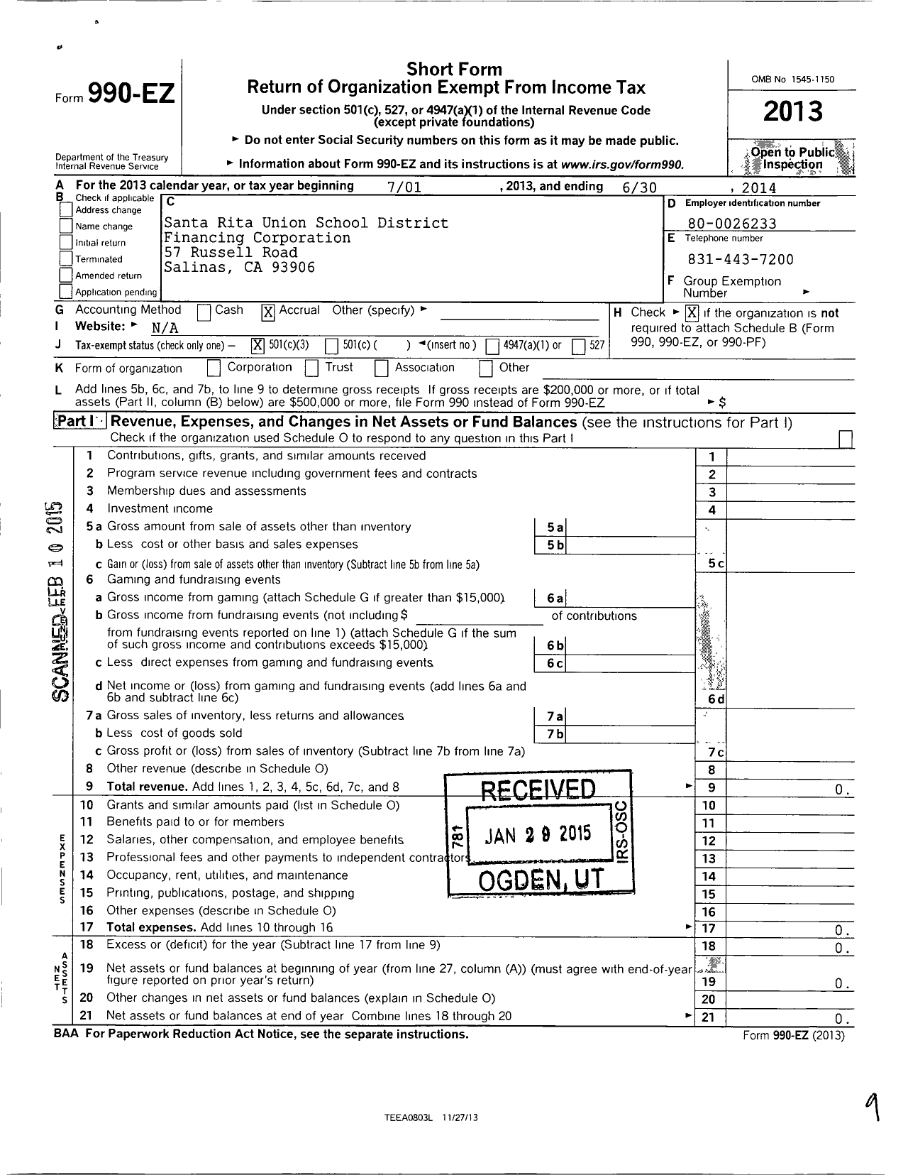 Image of first page of 2013 Form 990EZ for Santa Rita Union School District Financing Corporation