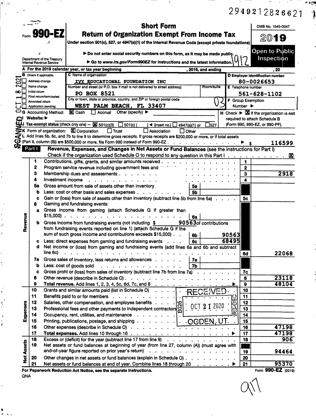 Image of first page of 2019 Form 990EZ for Ivy Educational Foundation