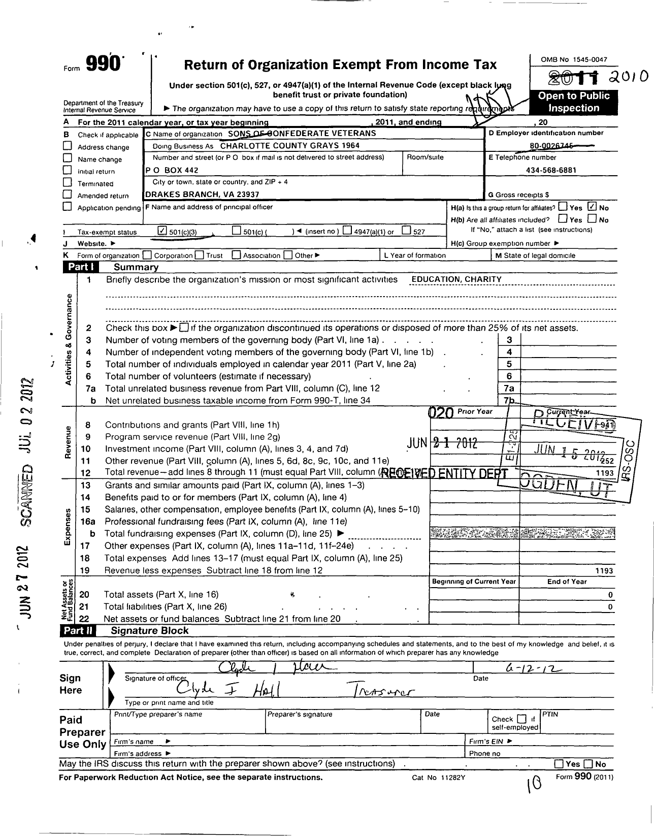 Image of first page of 2009 Form 990 for Sons of Confederate Veterans - Charlotte County Grays 1964