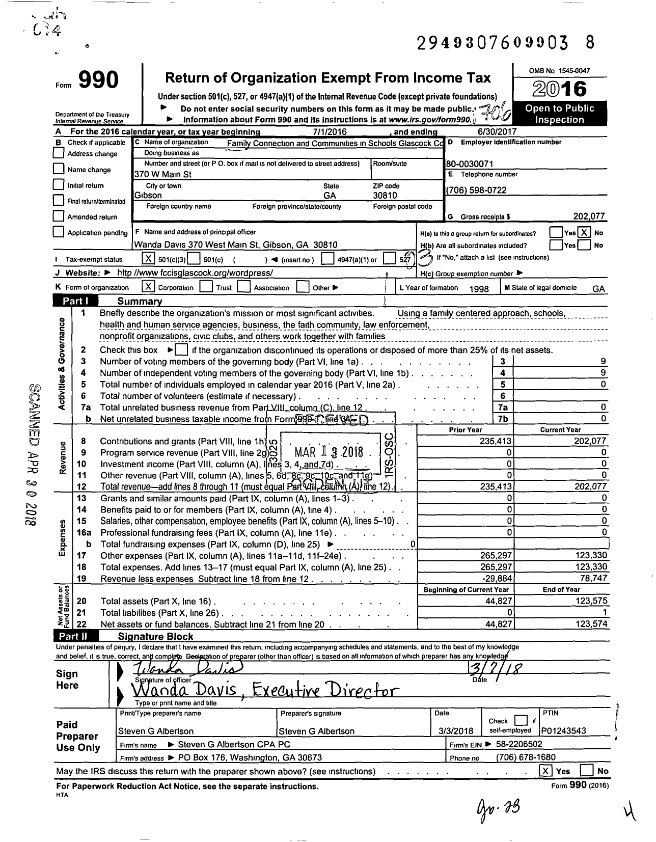 Image of first page of 2016 Form 990 for Family Connection and Communities in Schools of Glascock County