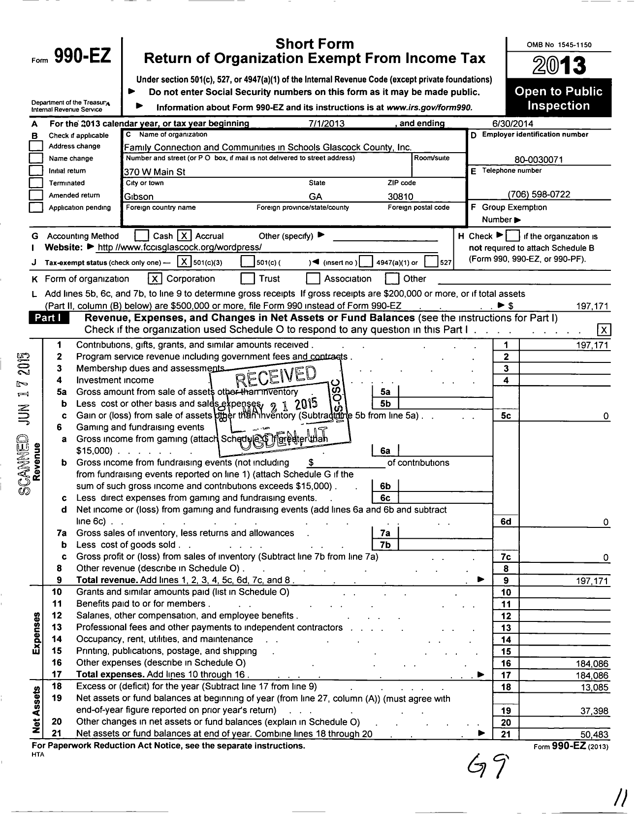 Image of first page of 2013 Form 990EZ for Family Connection and Communities in Schools of Glascock County