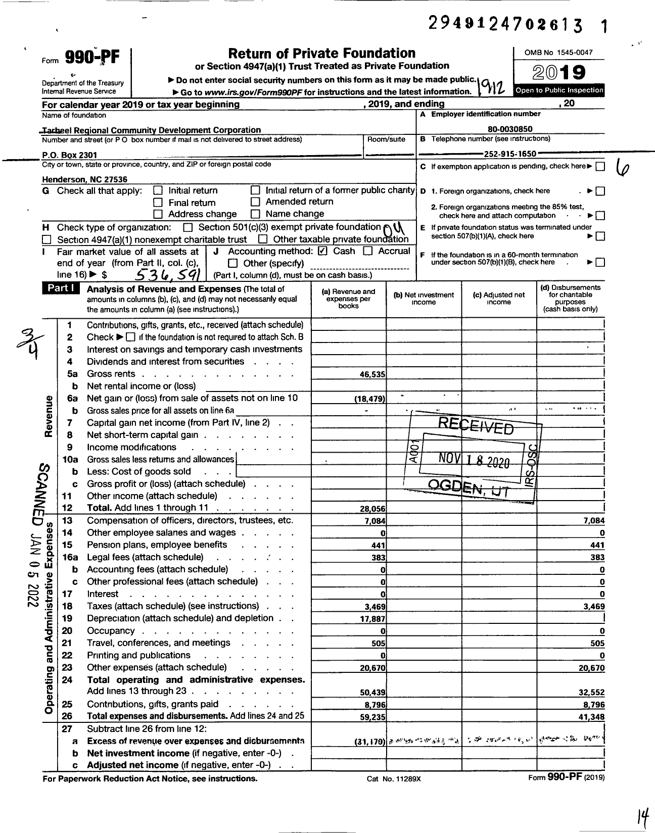 Image of first page of 2019 Form 990PF for TARHEEL REGIONaL COMMUNITY DEVELOPMENT CORPORATION