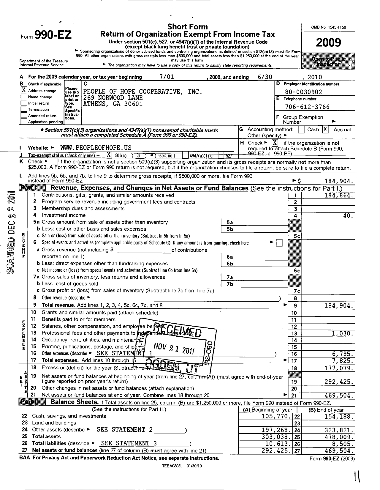 Image of first page of 2009 Form 990EZ for People of Hope