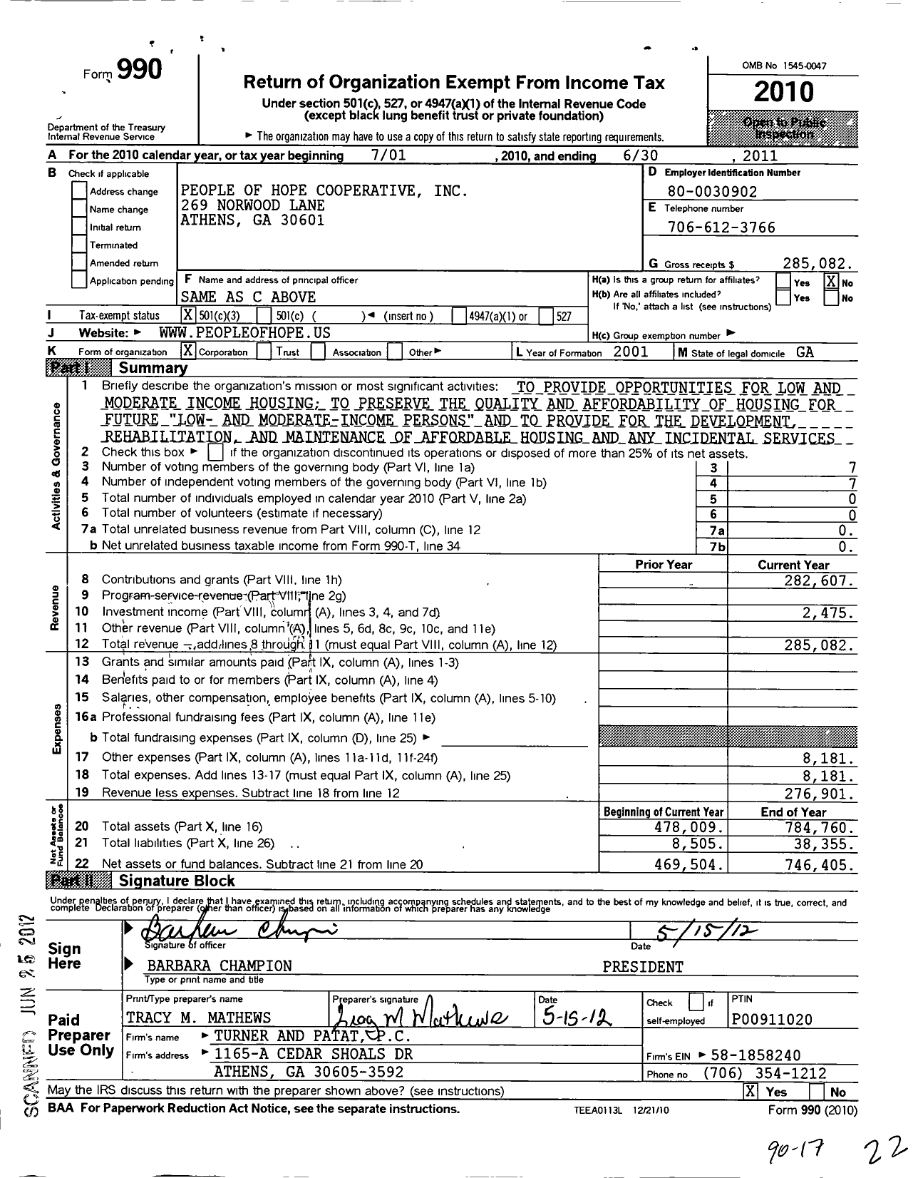 Image of first page of 2010 Form 990 for People of Hope