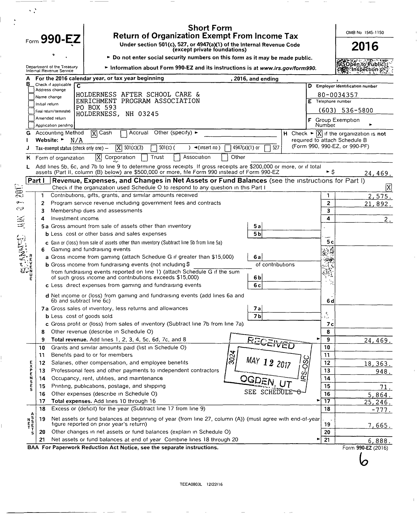 Image of first page of 2016 Form 990EZ for Holderness After School Care and Enrichment Program Association