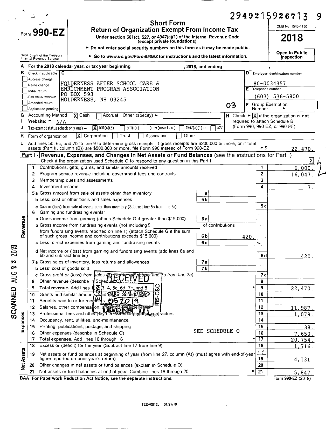 Image of first page of 2018 Form 990EZ for Holderness After School Care and Enrichment Program Association