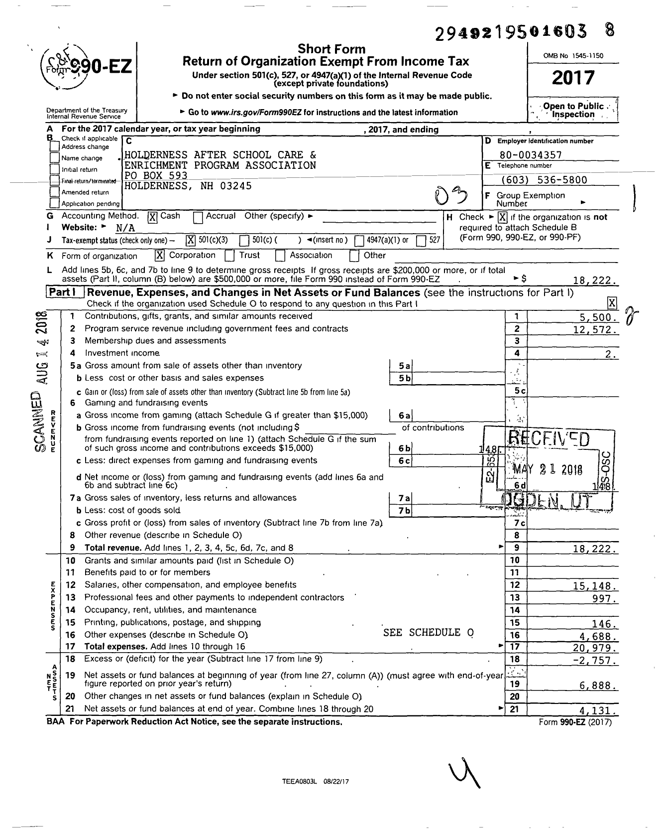 Image of first page of 2017 Form 990EZ for Holderness After School Care and Enrichment Program Association