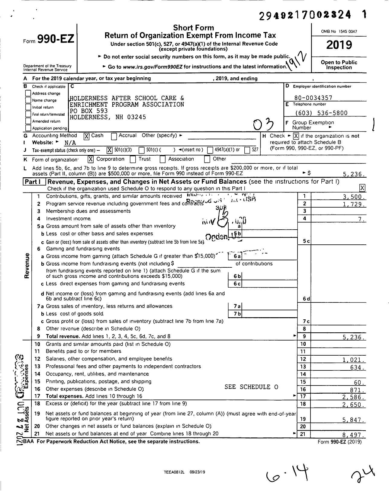 Image of first page of 2019 Form 990EZ for Holderness After School Care and Enrichment Program Association