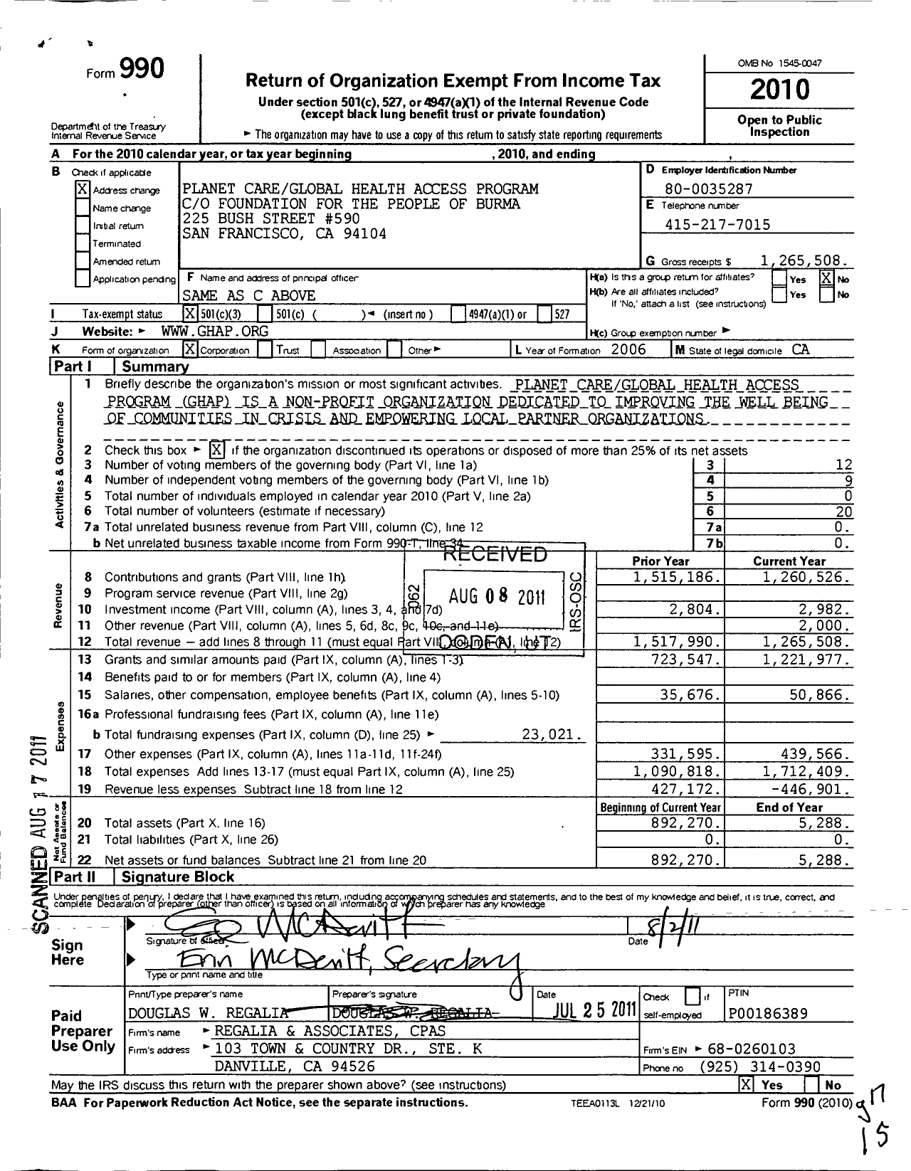 Image of first page of 2010 Form 990 for Planet Care Global Health Access Program