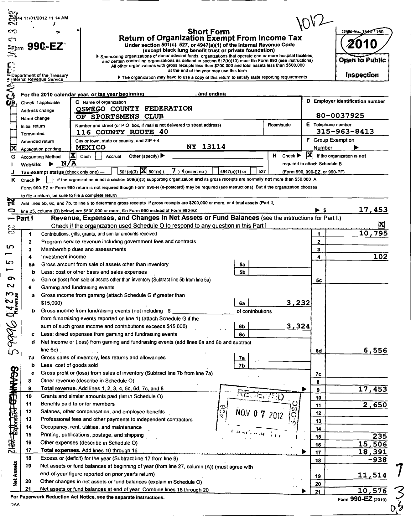 Image of first page of 2010 Form 990EO for Oswego County Federation of Sportsmens Clubs