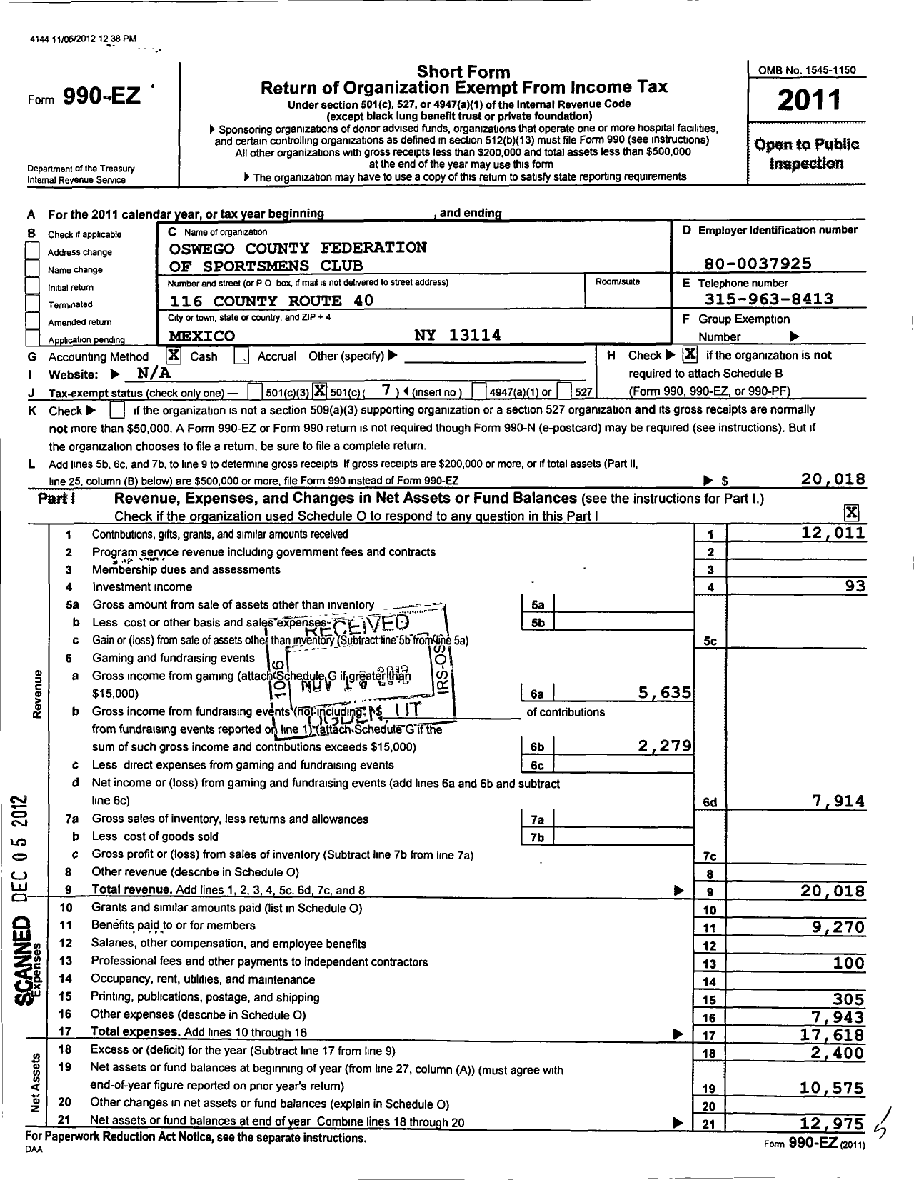 Image of first page of 2011 Form 990EO for Oswego County Federation of Sportsmens Clubs