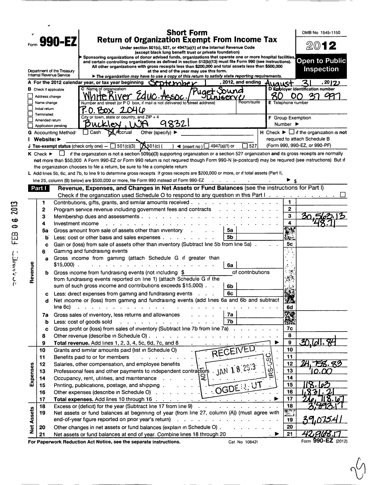 Image of first page of 2011 Form 990EO for White River Education Association