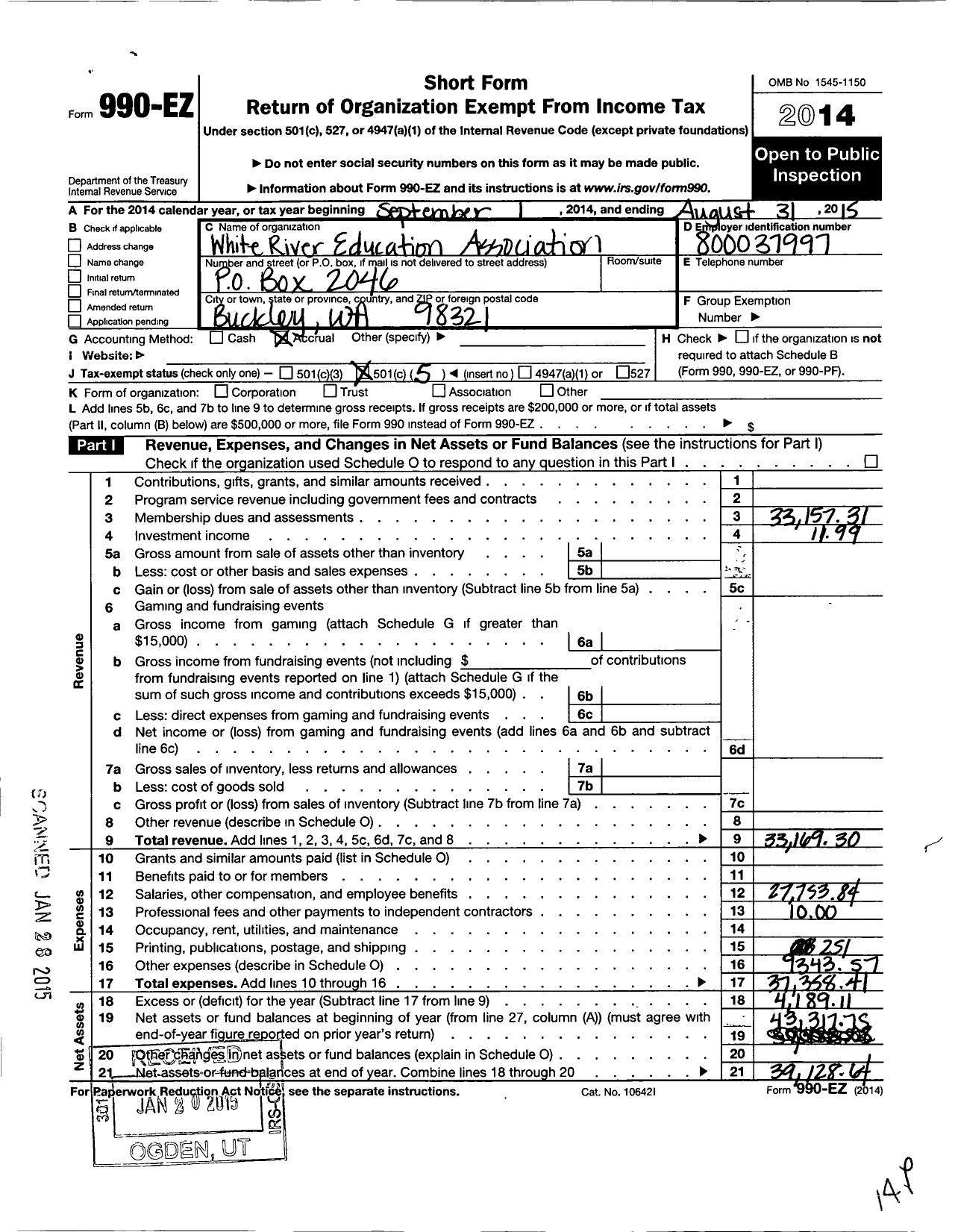 Image of first page of 2014 Form 990EO for White River Education Association