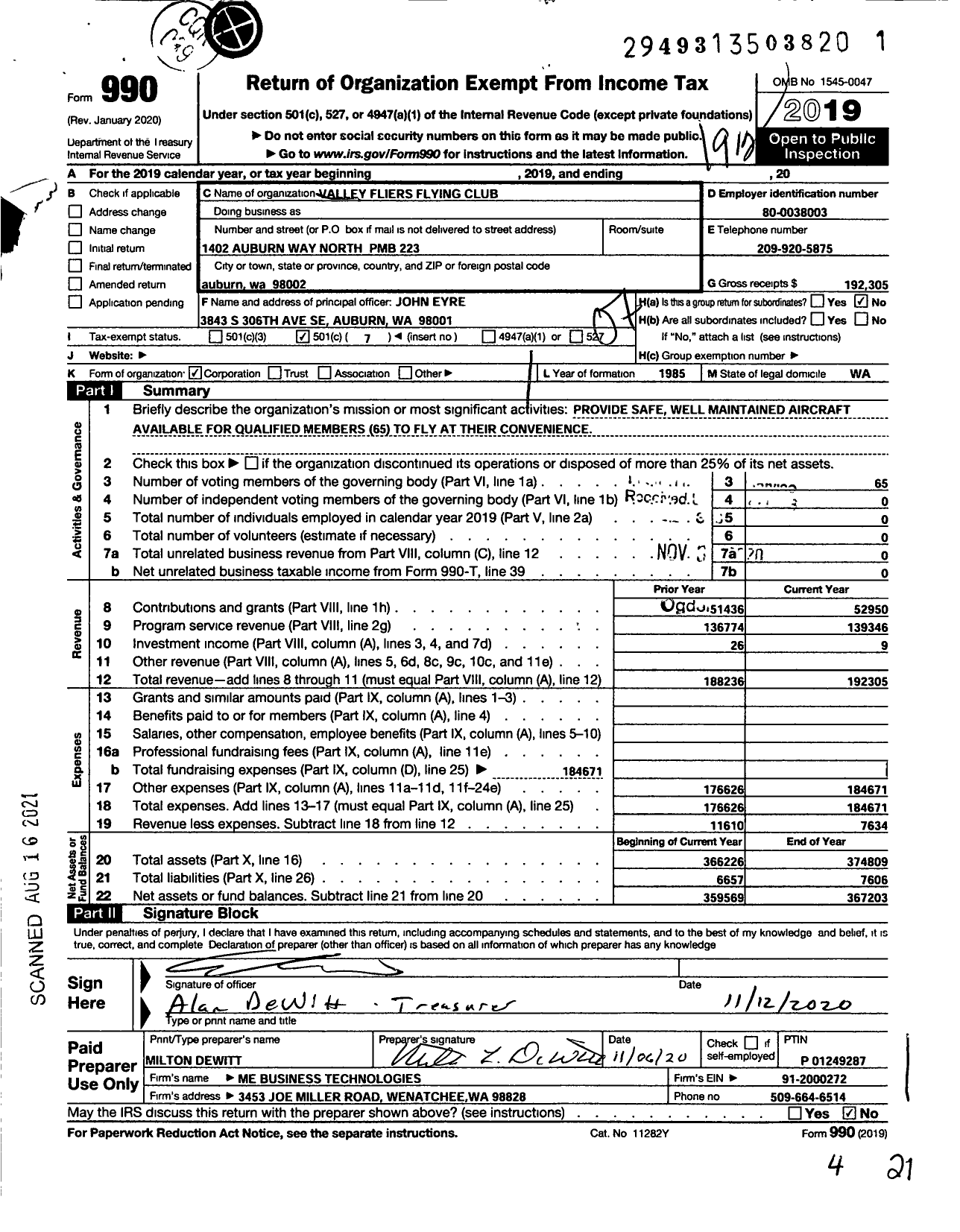 Image of first page of 2019 Form 990O for Valley Fliers Flying Club