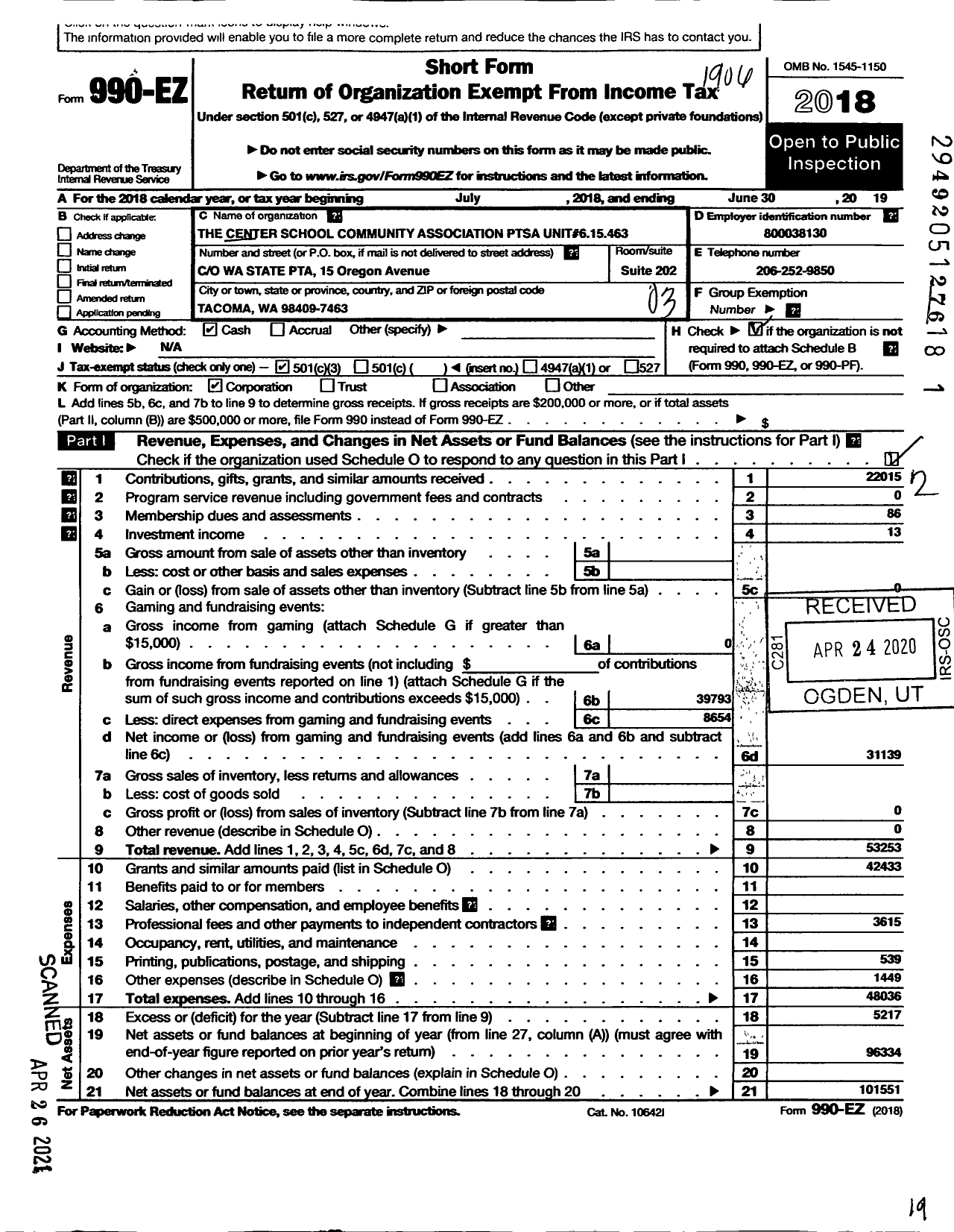 Image of first page of 2018 Form 990EZ for The Center School Community Association Ptsa Unit #615463