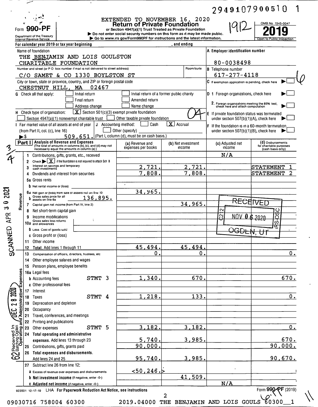 Image of first page of 2019 Form 990PF for The Benjamin and Lois Goulston Charitable Foundation