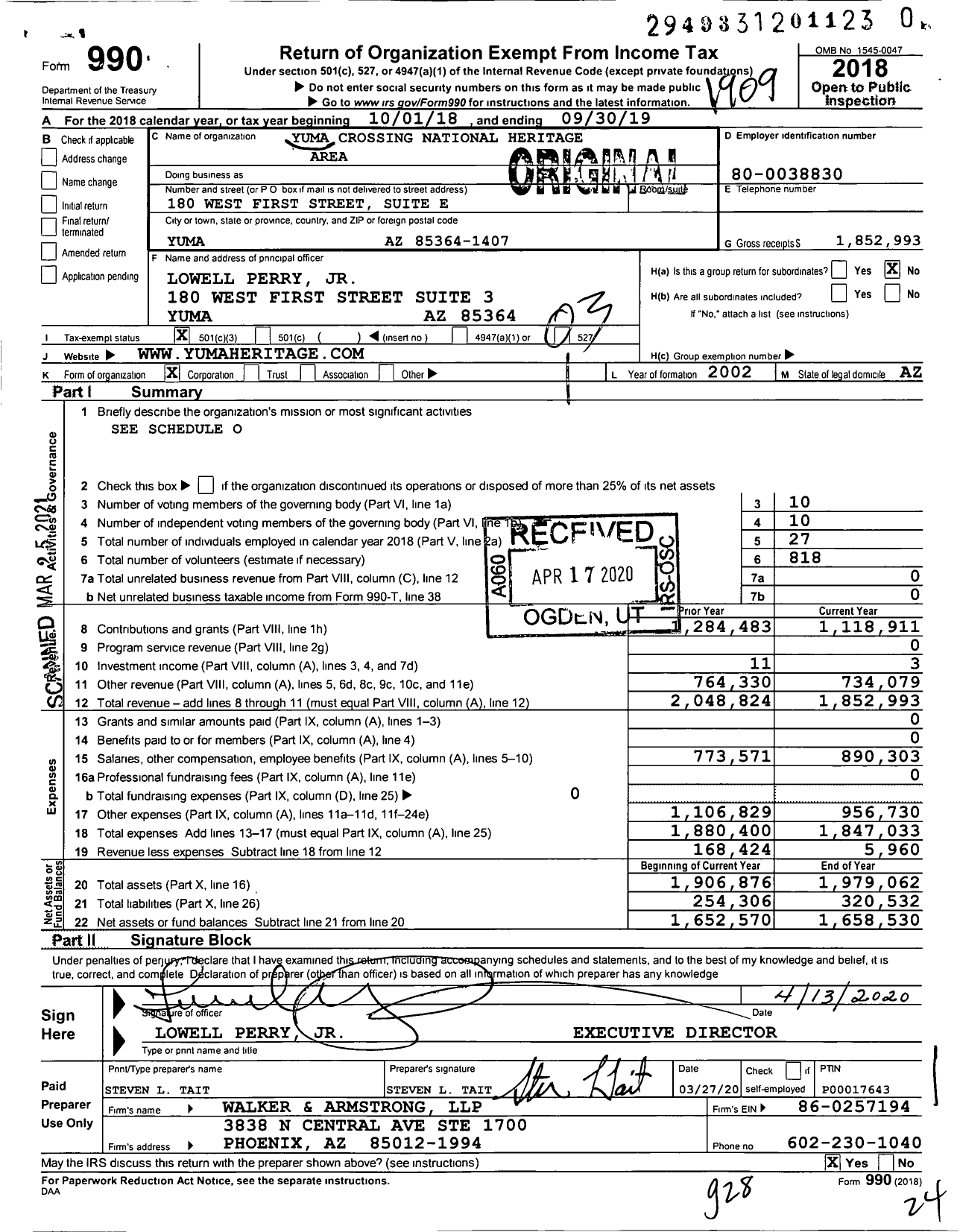 Image of first page of 2018 Form 990 for Yuma Crossing National Heritage Area