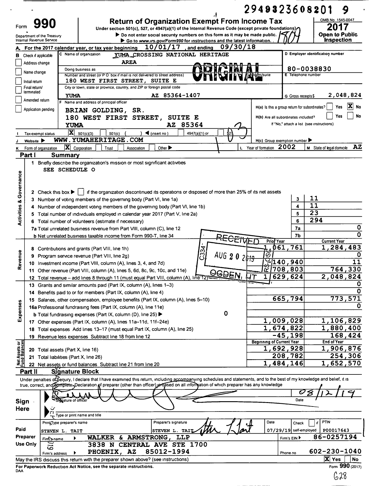 Image of first page of 2017 Form 990 for Yuma Crossing National Heritage Area