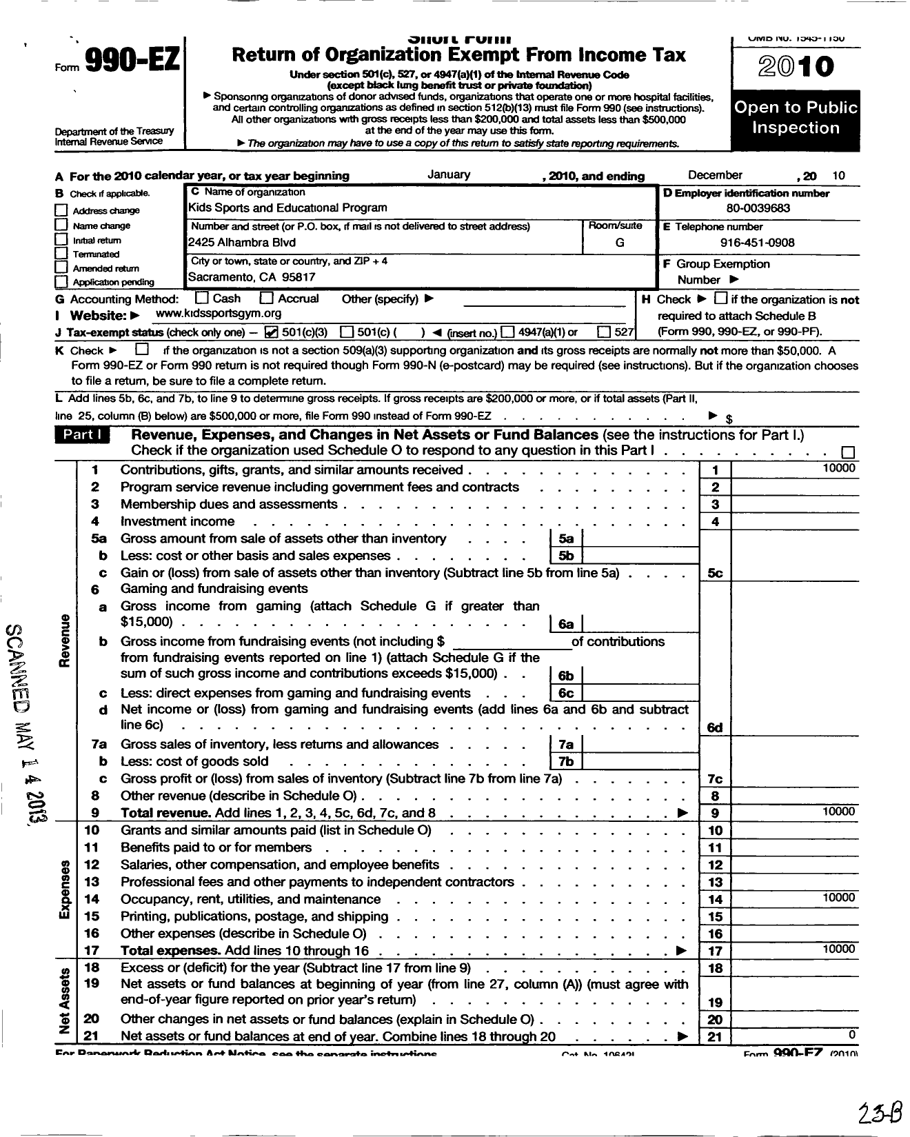 Image of first page of 2010 Form 990EZ for Kids Sports and Educational Program