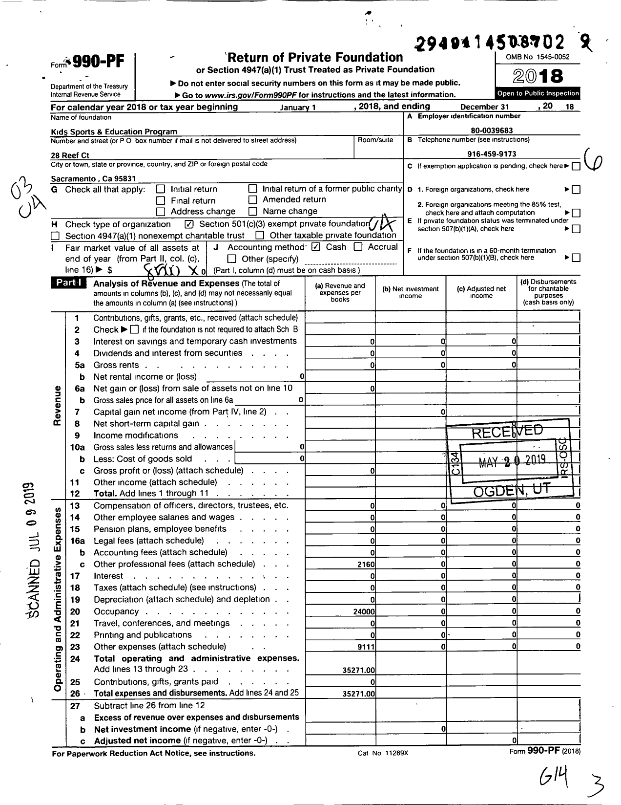 Image of first page of 2018 Form 990PF for Kids Sports and Educational Program