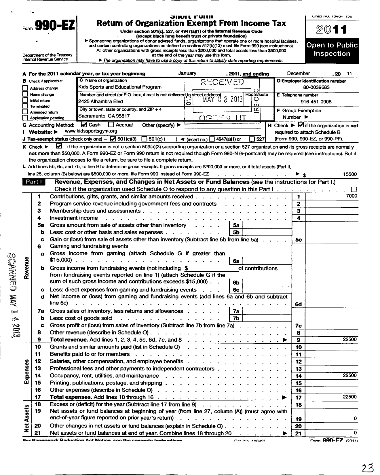 Image of first page of 2011 Form 990EZ for Kids Sports and Educational Program