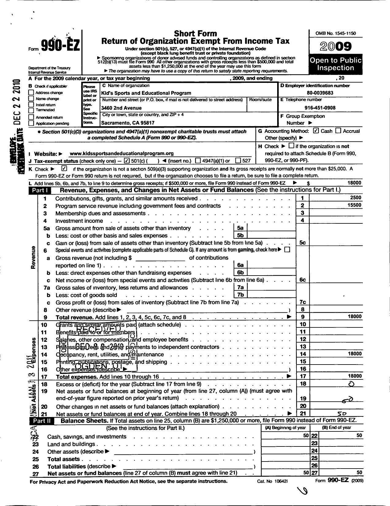 Image of first page of 2009 Form 990EO for Kids Sports and Educational Program