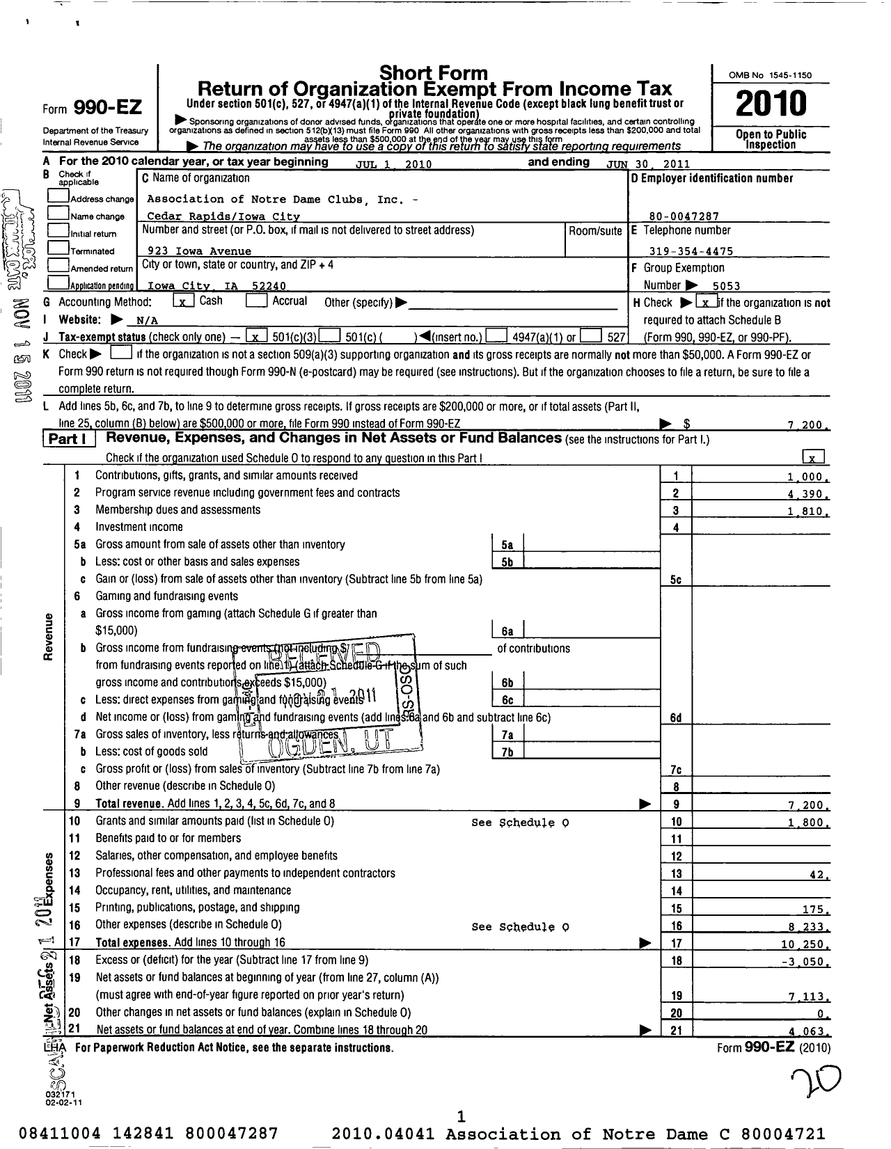 Image of first page of 2010 Form 990EZ for Association of Notre Dame Clubs Inc - Cedar Rapids Iowa City