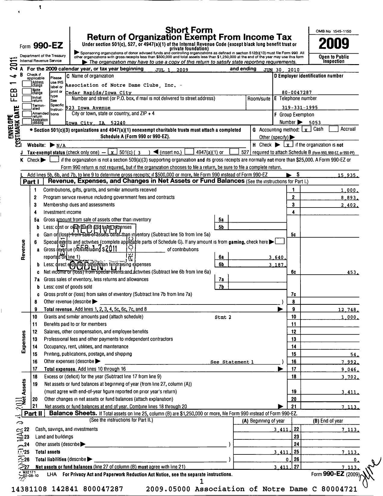 Image of first page of 2009 Form 990EZ for Association of Notre Dame Clubs Inc - Cedar Rapids Iowa City