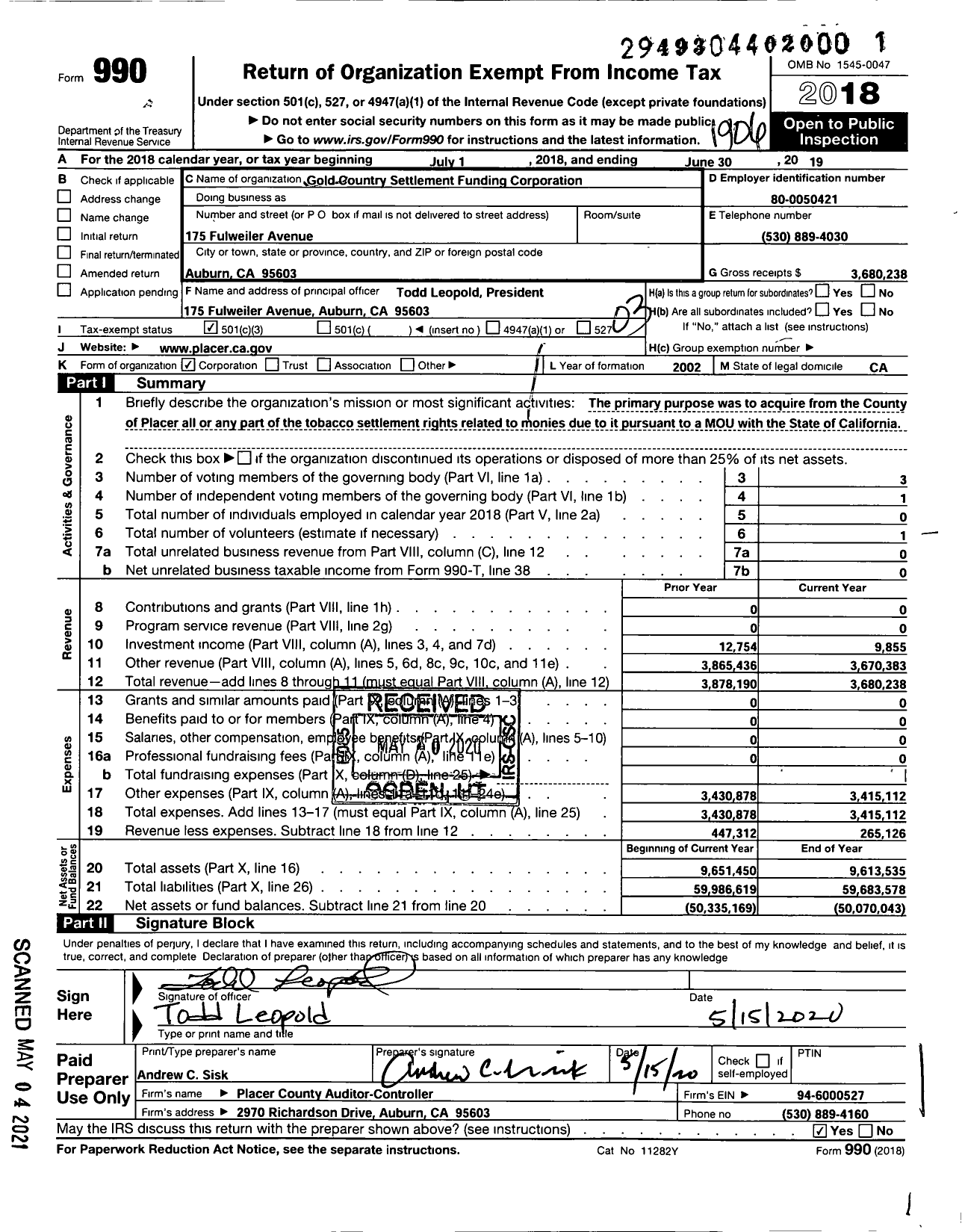 Image of first page of 2018 Form 990 for Gold Country Settlement Funding Corporation