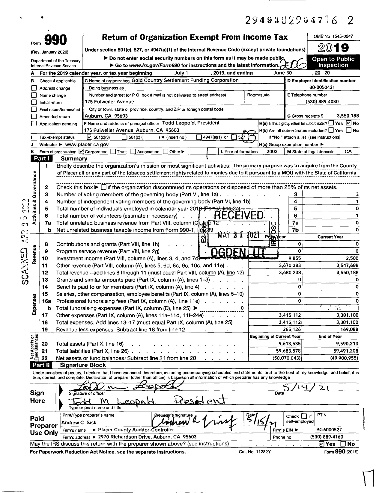 Image of first page of 2019 Form 990 for Gold Country Settlement Funding Corporation