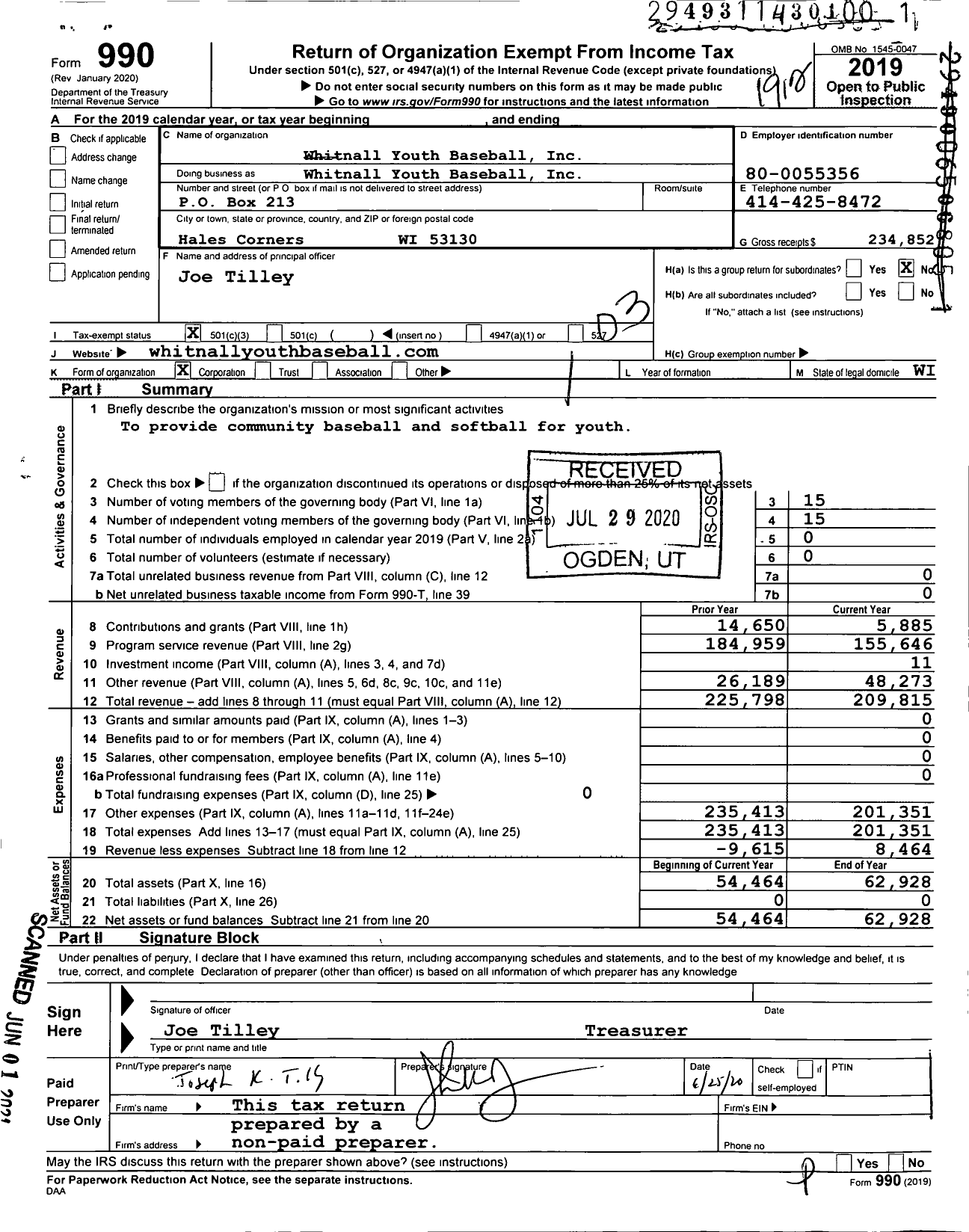 Image of first page of 2019 Form 990 for Whitnall Youth Baseball