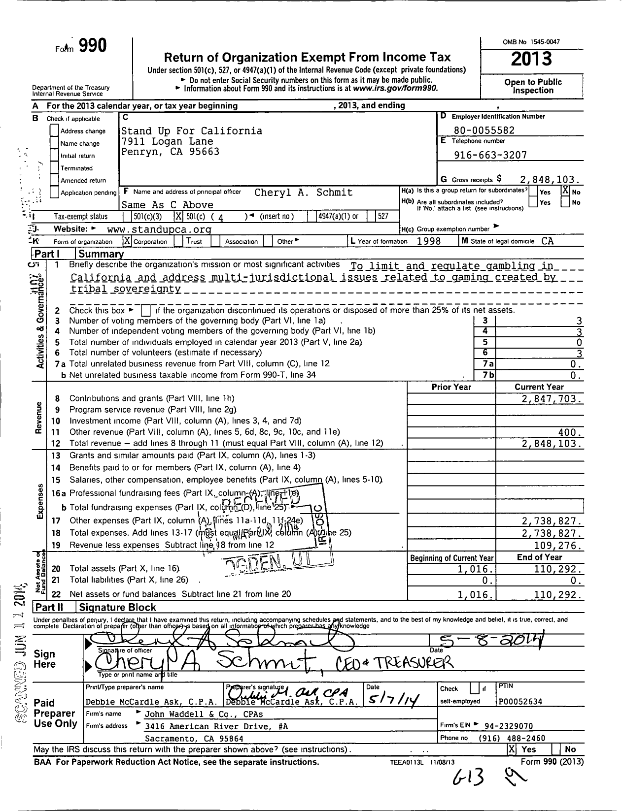 Image of first page of 2013 Form 990O for Stand Up for California