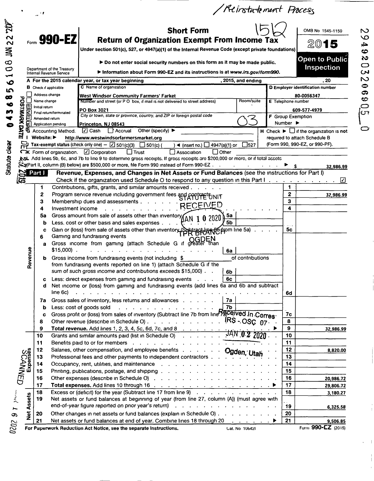 Image of first page of 2015 Form 990EZ for West Windsor Community Farmers Market