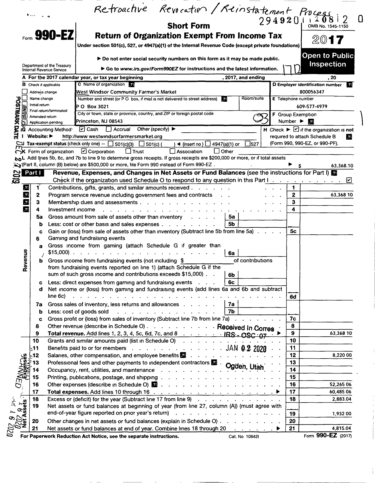 Image of first page of 2017 Form 990EZ for West Windsor Community Farmers Market