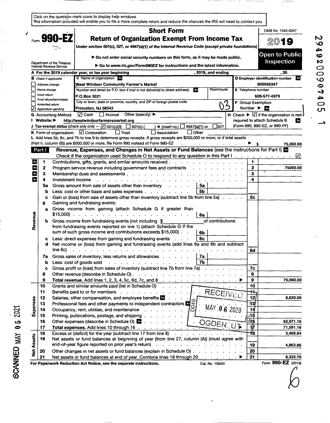 Image of first page of 2019 Form 990EZ for West Windsor Community Farmers Market