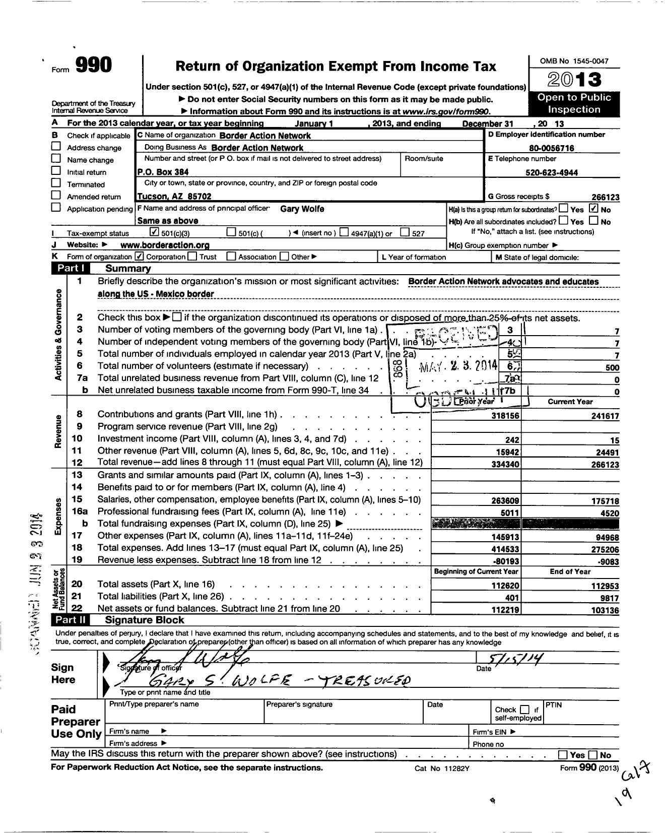 Image of first page of 2013 Form 990 for Border Action Network