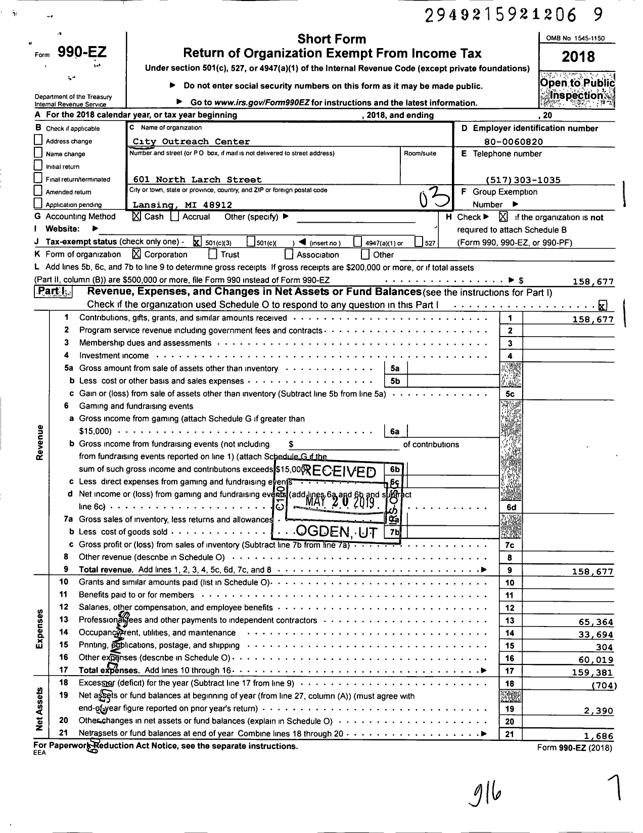 Image of first page of 2018 Form 990EZ for City Outreach Center