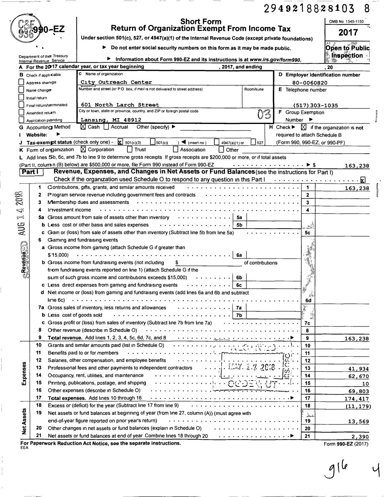 Image of first page of 2017 Form 990EZ for City Outreach Center