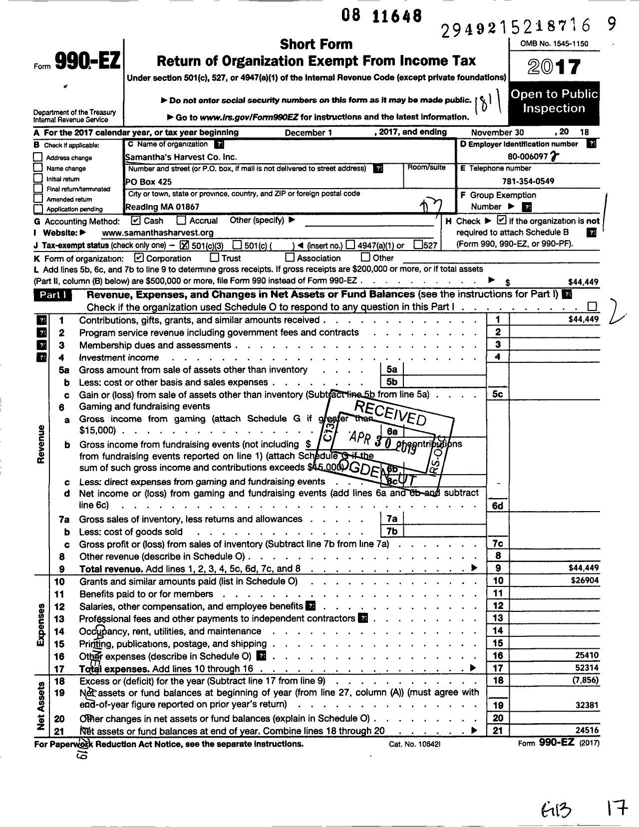 Image of first page of 2017 Form 990EZ for Samanthas Harvest Company