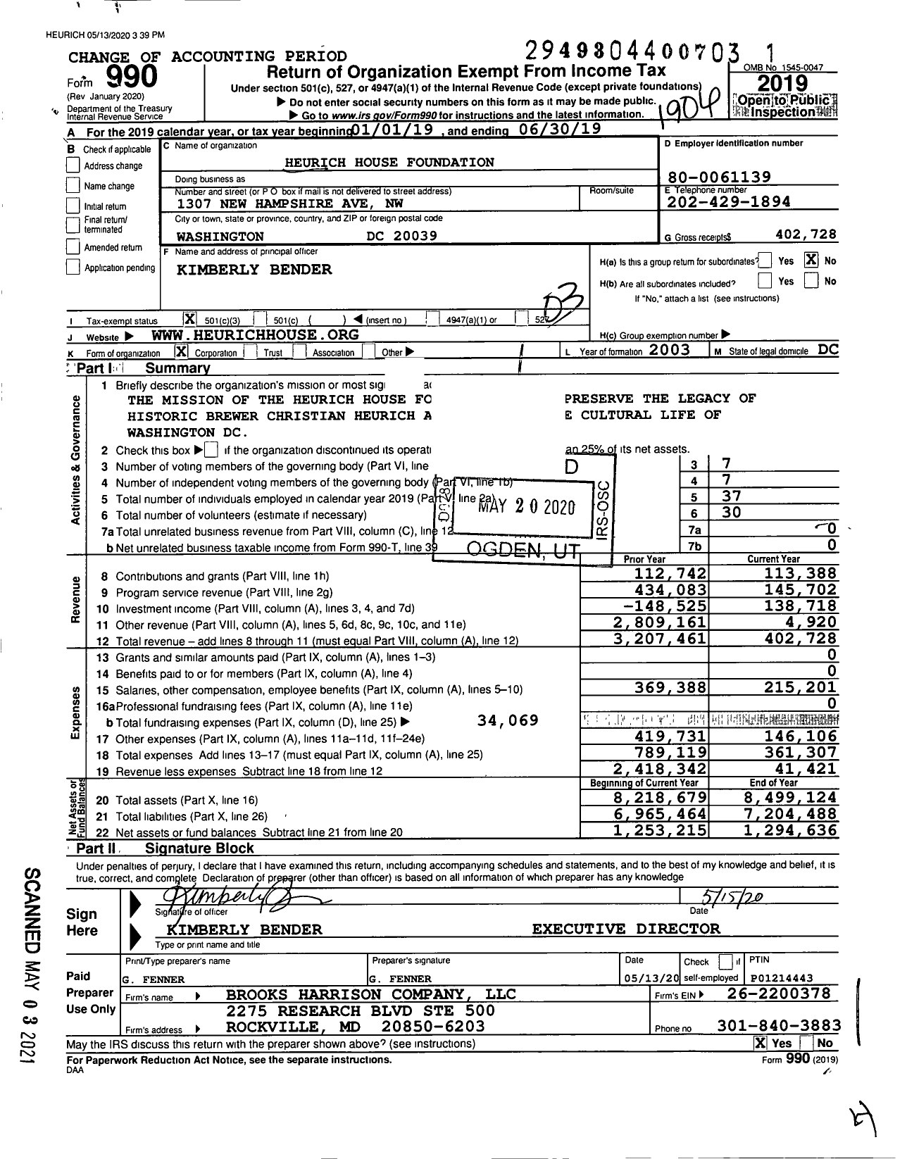 Image of first page of 2018 Form 990 for Heurich House Foundation